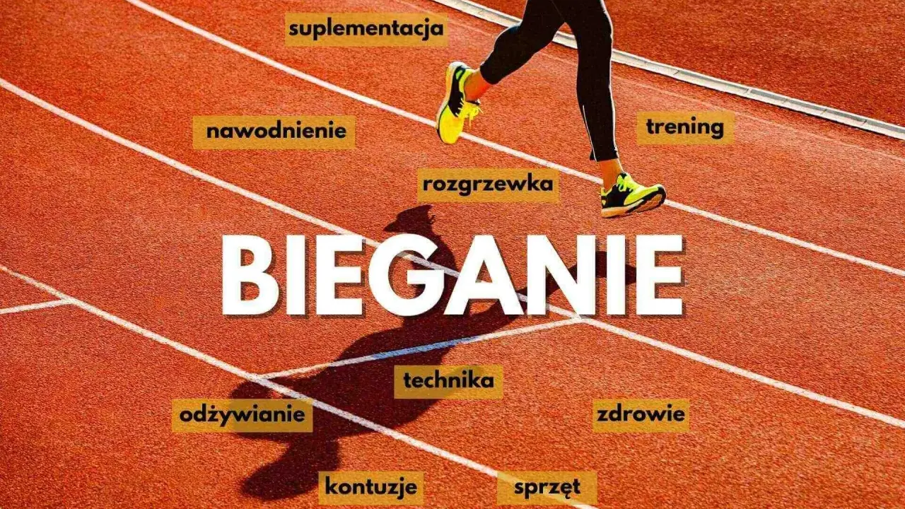 Bieganie angażuje wiele mięśni. Na bieżni widzimy biegacza, a wokół niego hasła: suplementacja, nawodnienie, rozgrzewka, trening, odżywianie, technika, zdrowie, kontuzje, sprzęt.