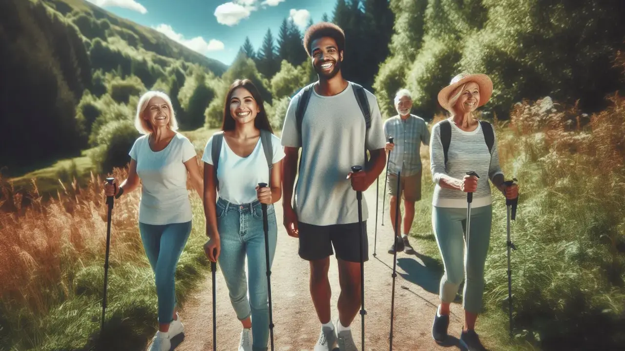 Grupa przyjaciół cieszy się aktywnością na świeżym powietrzu, spalając kalorie podczas nordic walking po malowniczej ścieżce.
