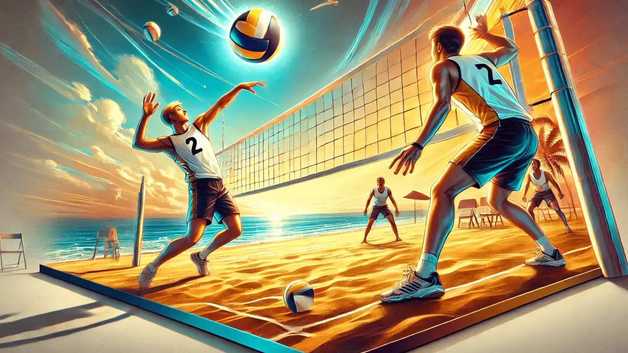 Dynamiczny ostatni serw w siatkówce na plaży. Piłka leci w stronę przeciwnika, a zawodnicy gotowi do akcji.