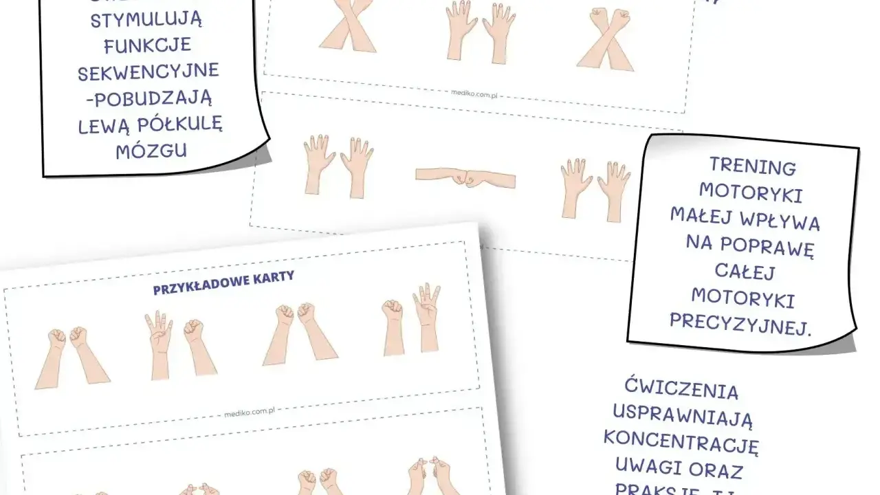 Ilustracje pokazują ćwiczenia dłoni, które usprawniają motorykę człowieka, koncentrację i planowanie ruchu.