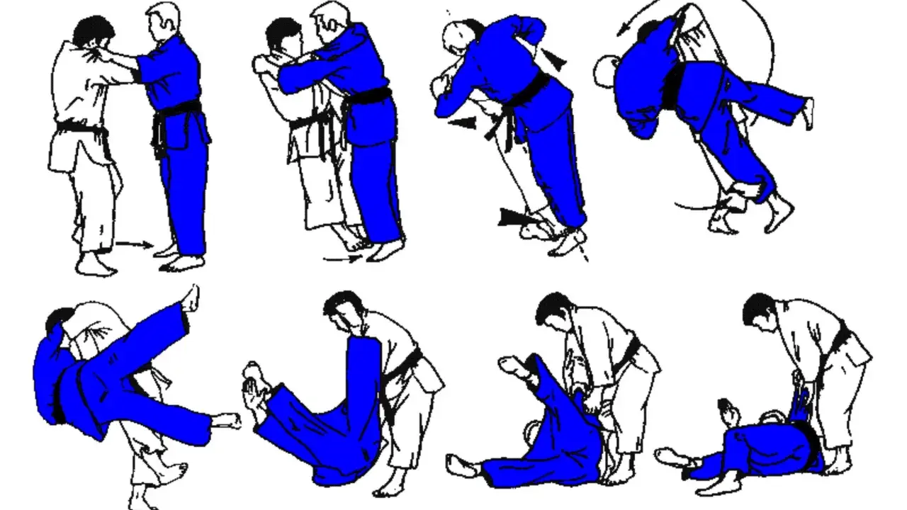 Ilustracje pokazują sekwencję rzutów judo. Jeden z zawodników, ubrany w niebieski strój z czarnym pasem, wykonuje techniki. Widoczny jest żółty pas judo u jednego z zawodników.