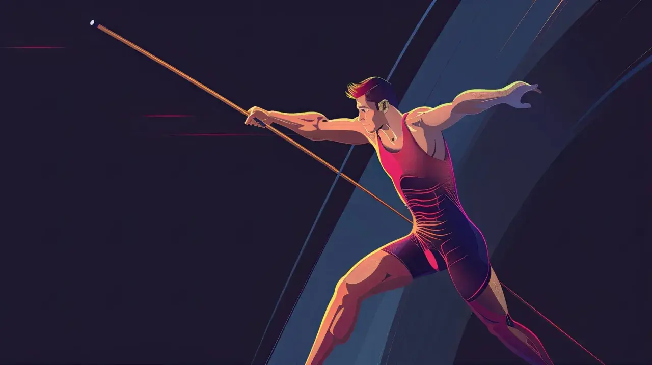 Atletyczny mężczyzna w ruchu, gotowy do rzutu oszczepem. Dynamiczna sylwetka i skupienie na celu.