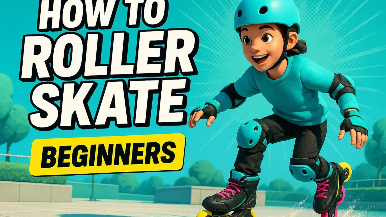 Chłopiec w kasku i ochraniaczach uczy się, jak skręcać na rolkach. Napis "How to Roller Skate Beginners" informuje o temacie.