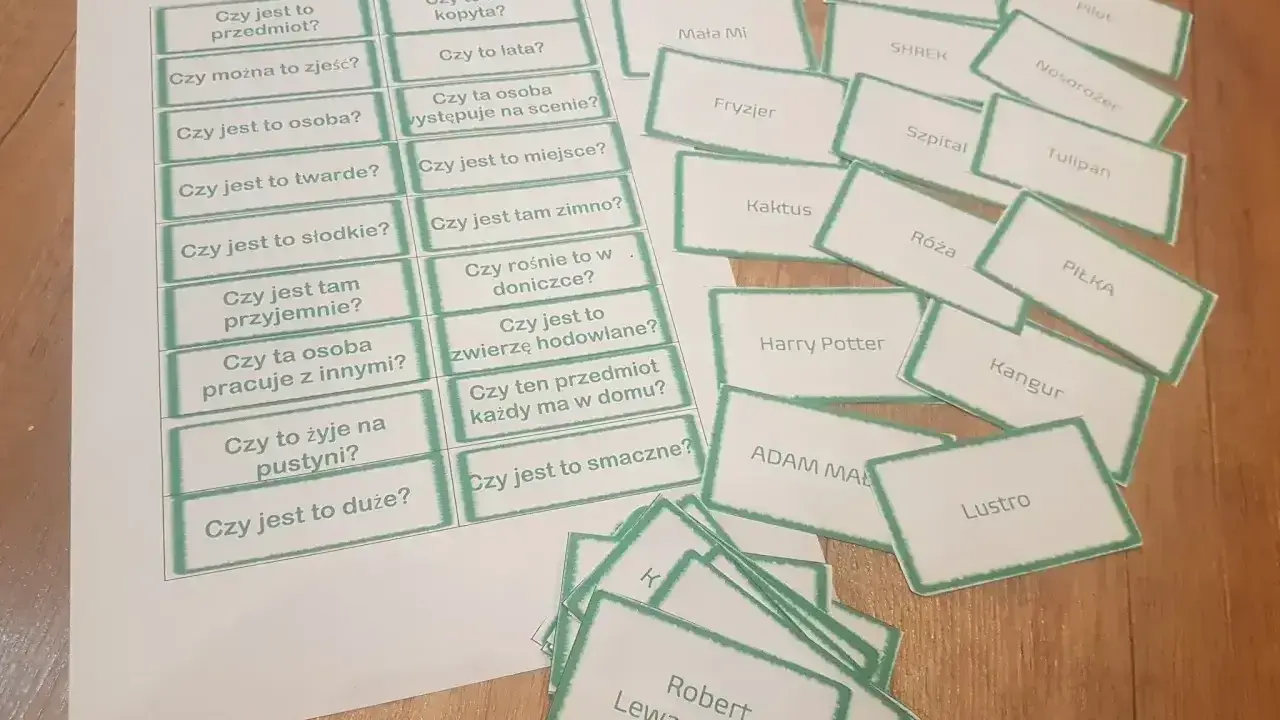 Konspekt ćwiczeń dla osób niewidomych: karty z pytaniami i nazwami (np. "Czy jest to przedmiot?", "Robert Lewandowski").