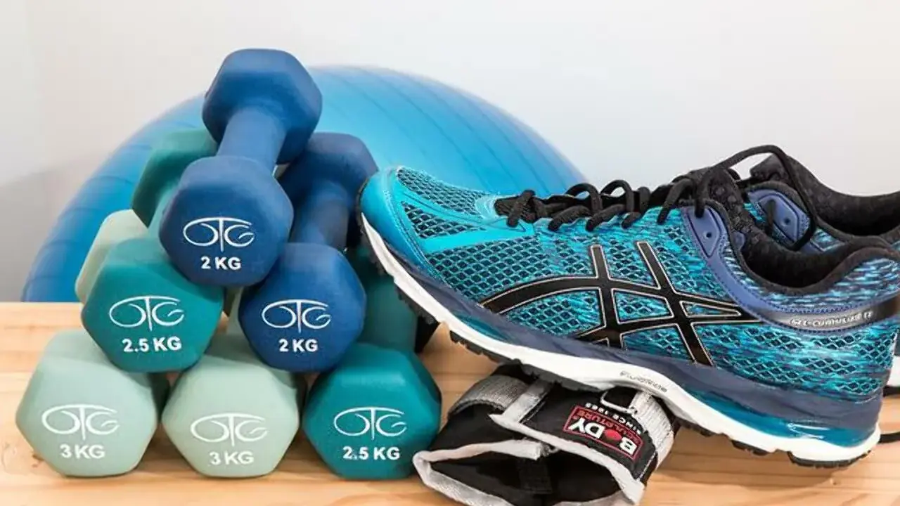 Idealne **jakie buty na siłownię**? Turkusowe Asicsy i zestaw hantli od 2 do 3 kg, gotowe do treningu.