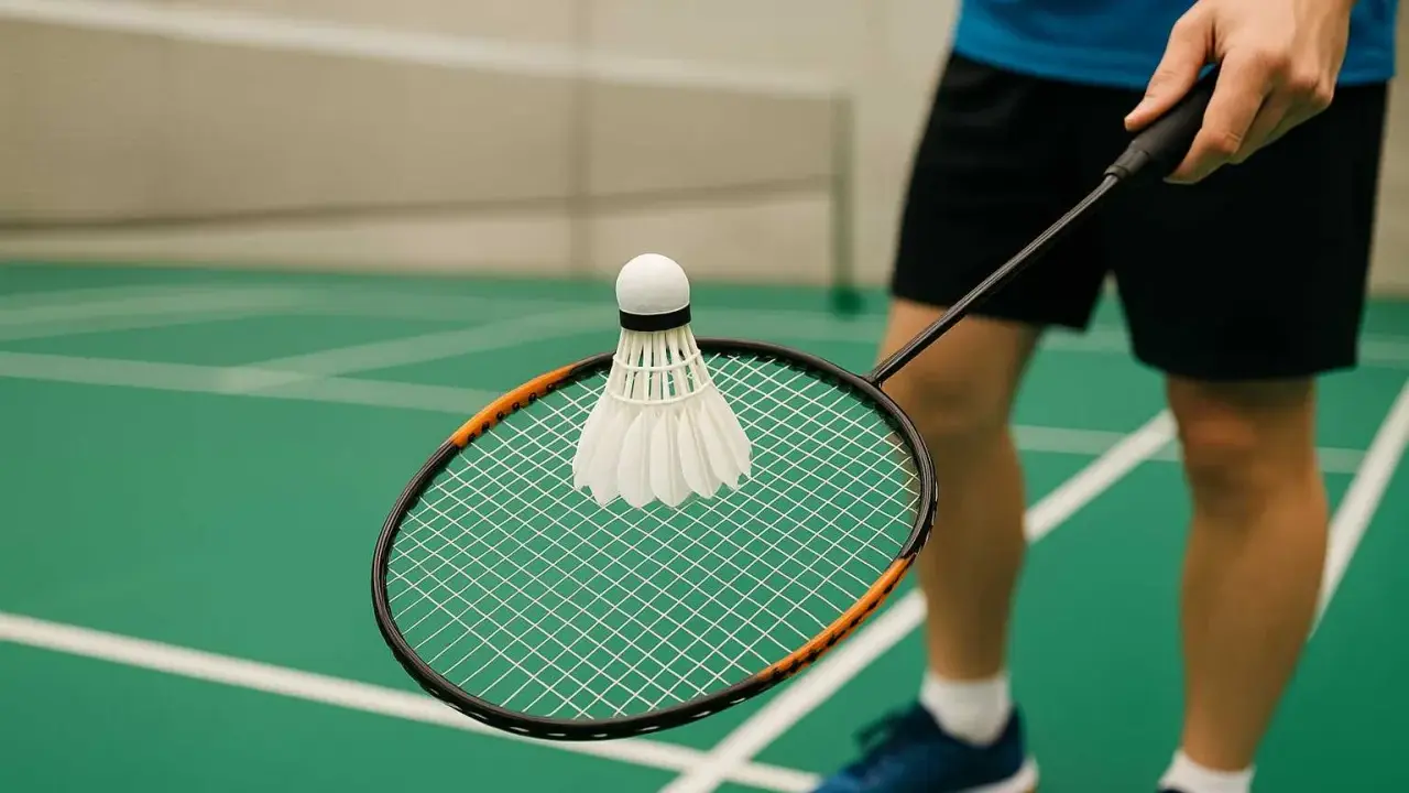 Gracz trzyma rakietę z lotką, gotowy do gry. Poznaj podstawowe badminton zasady, by cieszyć się grą na zielonym korcie.