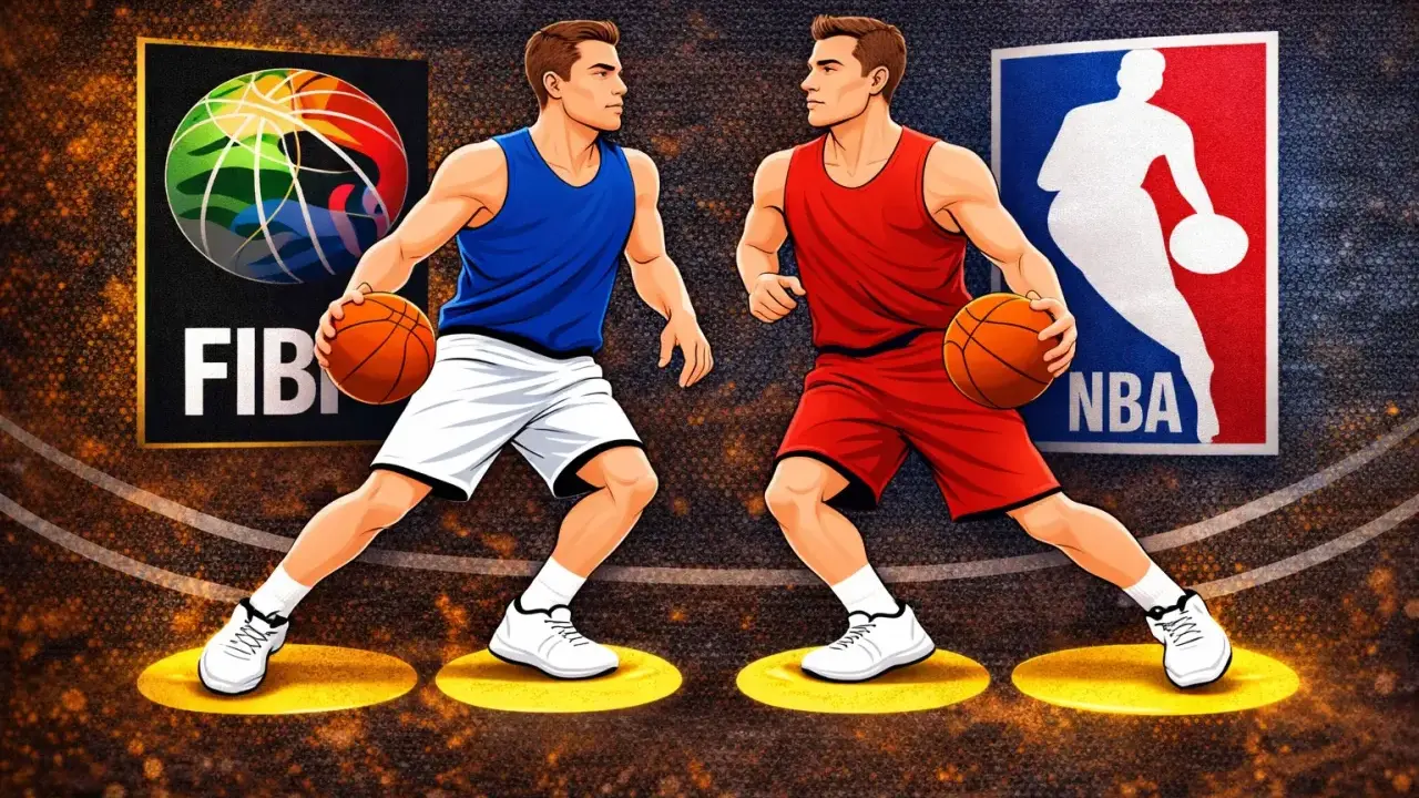 Dwóch koszykarzy, jeden w niebieskim, drugi w czerwonym stroju, przygotowuje się do akcji. Obok nich loga FIBA i NBA. Każdy zawodnik na swoim polu, gotowy do kolejnego gather step.