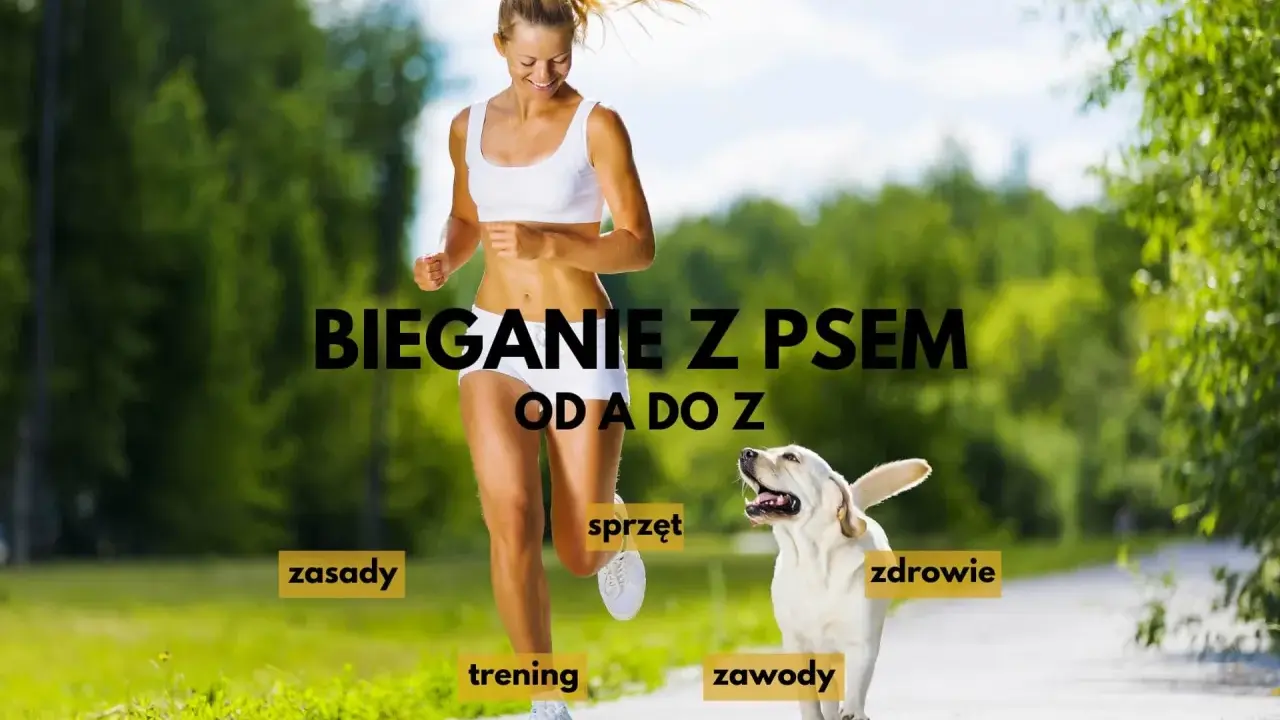 Uśmiechnięta kobieta i jej pies biegną razem. Tekst "Bieganie z psem od A do Z" sugeruje kompleksowy przewodnik po tej aktywności.