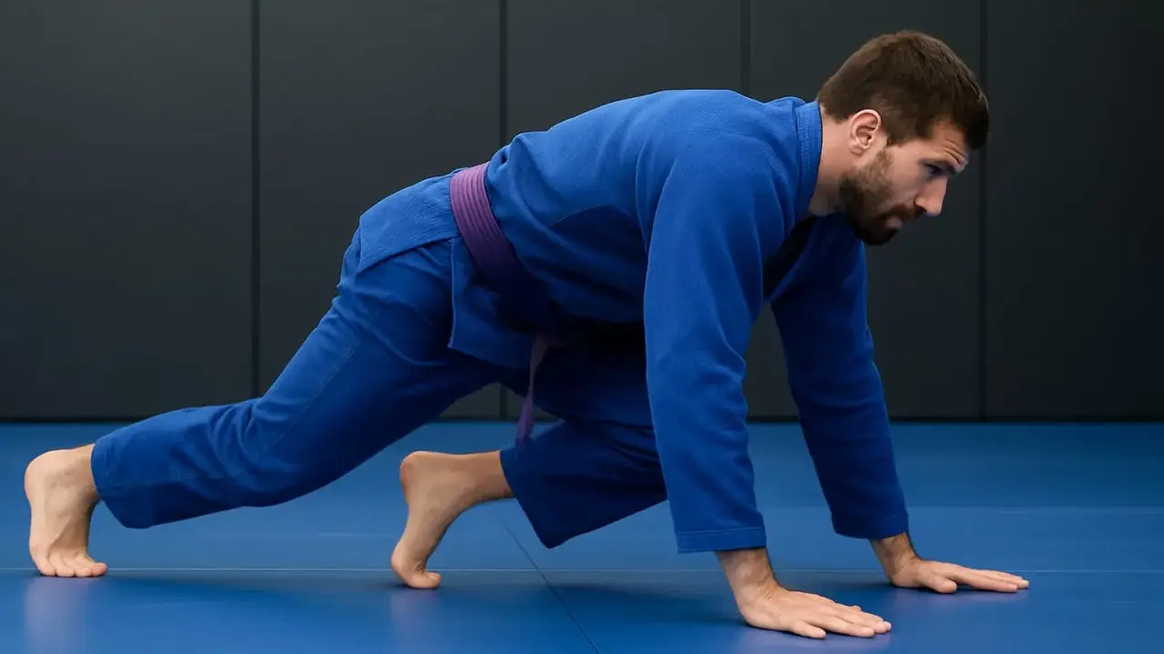 Mężczyzna w niebieskim kimonie z fioletowym pasem wykonuje ćwiczenie przygotowujące do treningu BJJ.