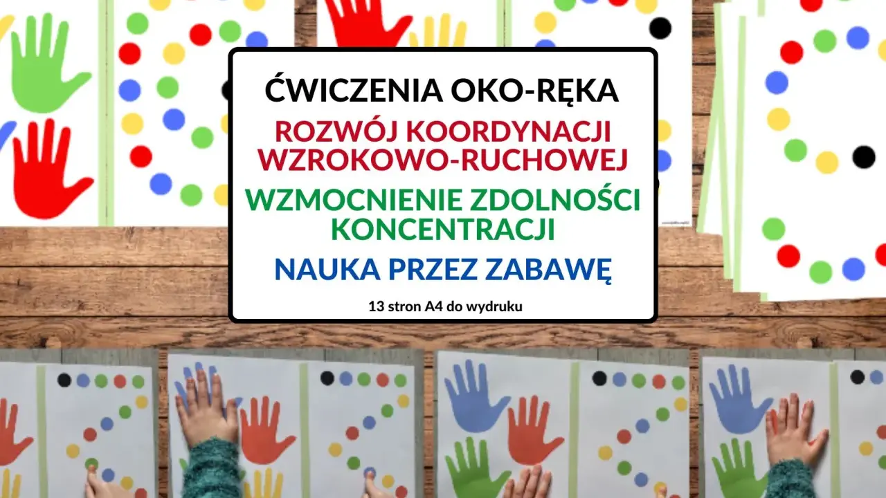 Kolorowe dłonie i kropki na kartach do druku zachęcają do zabaw rytmicznych dla dzieci. Ćwiczenia rozwijają koordynację oko-ręka i koncentrację.
