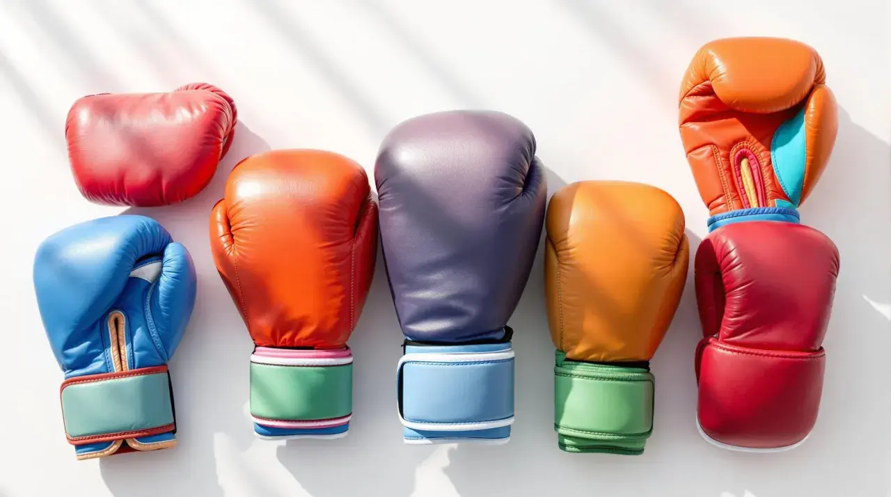 Kolorowe rękawice do kickboxingu ułożone obok siebie. Różowy, niebieski, pomarańczowy, fioletowy, żółty i czerwony sprzęt treningowy.