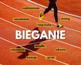 Bieganie angażuje wiele mięśni. Na bieżni widzimy biegacza, a wokół niego hasła: suplementacja, nawodnienie, rozgrzewka, trening, odżywianie, technika, zdrowie, kontuzje, sprzęt.