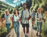 Grupa przyjaciół cieszy się aktywnością na świeżym powietrzu, spalając kalorie podczas nordic walking po malowniczej ścieżce.
