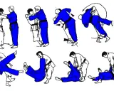Ilustracje pokazują sekwencję rzutów judo. Jeden z zawodników, ubrany w niebieski strój z czarnym pasem, wykonuje techniki. Widoczny jest żółty pas judo u jednego z zawodników.