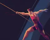 Atletyczny mężczyzna w ruchu, gotowy do rzutu oszczepem. Dynamiczna sylwetka i skupienie na celu.