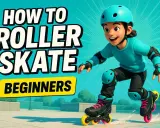 Chłopiec w kasku i ochraniaczach uczy się, jak skręcać na rolkach. Napis "How to Roller Skate Beginners" informuje o temacie.