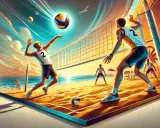 Dynamiczne przejścia w siatkówce na plaży. Gracze w akcji, piłka w powietrzu, zachód słońca.