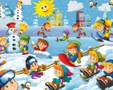 Wesołe dzieci na śniegu budują bałwana, jeżdżą na sankach, nartach i snowboardzie. Słońce świeci, a wokół zimowa kraina.