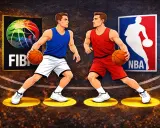 Dwóch koszykarzy, jeden w niebieskim, drugi w czerwonym stroju, przygotowuje się do akcji. Obok nich loga FIBA i NBA. Każdy zawodnik na swoim polu, gotowy do kolejnego gather step.
