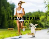 Uśmiechnięta kobieta i jej pies biegną razem. Tekst "Bieganie z psem od A do Z" sugeruje kompleksowy przewodnik po tej aktywności.