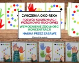 Kolorowe dłonie i kropki na kartach do druku zachęcają do zabaw rytmicznych dla dzieci. Ćwiczenia rozwijają koordynację oko-ręka i koncentrację.