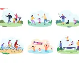 Różnorodne zabawy dla dzieci 9-12 lat na dworze: puszczanie latawca, gra w piłkę, badminton, jazda na rowerze, kąpiel i skakanie na trampolinie.