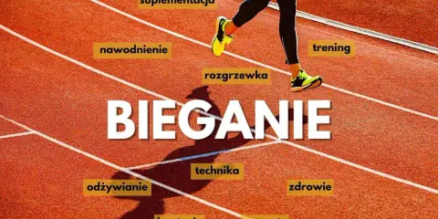 Bieganie angażuje wiele mięśni. Na bieżni widzimy biegacza, a wokół niego hasła: suplementacja, nawodnienie, rozgrzewka, trening, odżywianie, technika, zdrowie, kontuzje, sprzęt.