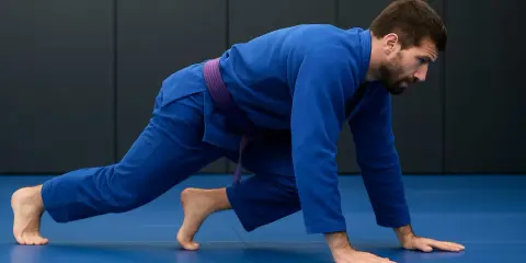 Mężczyzna w niebieskim kimonie z fioletowym pasem wykonuje ćwiczenie przygotowujące do treningu BJJ.