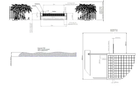 Projekt boiska do siatkówki plażowej FIVB z wymiarami, siatką, antenkami i piaskiem o głębokości 40cm.