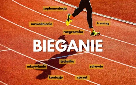 Bieganie angażuje wiele mięśni. Na bieżni widzimy biegacza, a wokół niego hasła: suplementacja, nawodnienie, rozgrzewka, trening, odżywianie, technika, zdrowie, kontuzje, sprzęt.