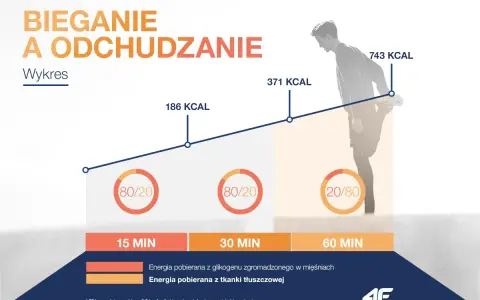 Wykres pokazuje, czy bieganie odchudza. Im dłużej biegniesz, tym więcej kalorii spalasz, głównie z tkanki tłuszczowej.