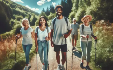 Grupa przyjaciół cieszy się aktywnością na świeżym powietrzu, spalając kalorie podczas nordic walking po malowniczej ścieżce.
