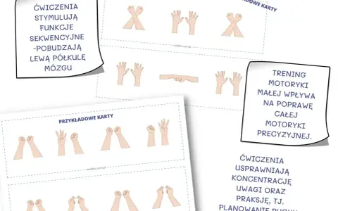 Ilustracje pokazują ćwiczenia dłoni, które usprawniają motorykę człowieka, koncentrację i planowanie ruchu.