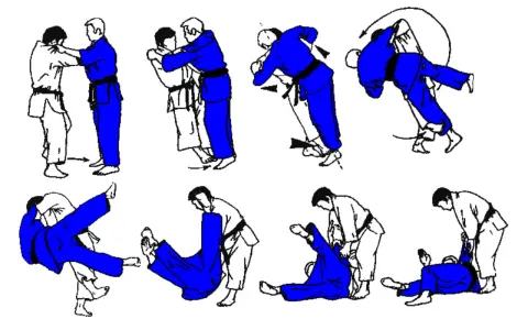 Ilustracje pokazują sekwencję rzutów judo. Jeden z zawodników, ubrany w niebieski strój z czarnym pasem, wykonuje techniki. Widoczny jest żółty pas judo u jednego z zawodników.