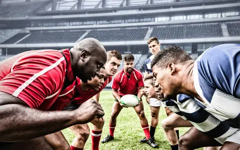 Zawodnicy rugby i futbolu amerykańskiego w skupieniu przed meczem na stadionie.