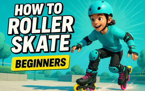 Chłopiec w kasku i ochraniaczach uczy się, jak skręcać na rolkach. Napis "How to Roller Skate Beginners" informuje o temacie.