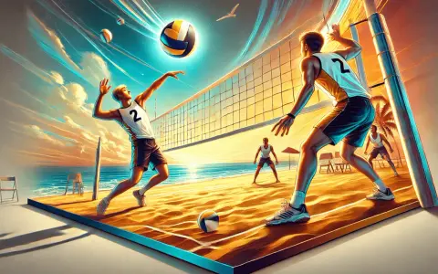 Dynamiczne przejścia w siatkówce na plaży. Gracze w akcji, piłka w powietrzu, zachód słońca.
