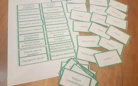 Konspekt ćwiczeń dla osób niewidomych: karty z pytaniami i nazwami (np. "Czy jest to przedmiot?", "Robert Lewandowski").
