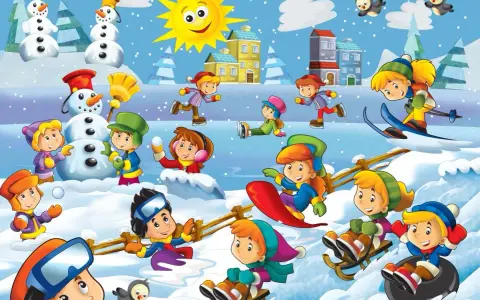 Wesołe dzieci na śniegu budują bałwana, jeżdżą na sankach, nartach i snowboardzie. Słońce świeci, a wokół zimowa kraina.