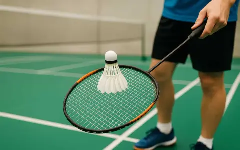 Gracz trzyma rakietę z lotką, gotowy do gry. Poznaj podstawowe badminton zasady, by cieszyć się grą na zielonym korcie.