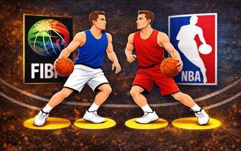 Dwóch koszykarzy, jeden w niebieskim, drugi w czerwonym stroju, przygotowuje się do akcji. Obok nich loga FIBA i NBA. Każdy zawodnik na swoim polu, gotowy do kolejnego gather step.