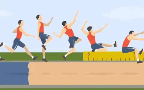 Sekwencja ruchów sportowca podczas skoku w dal. Od rozbiegu, przez wybicie, lot, aż po lądowanie w piaskownicy.