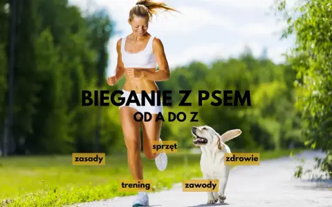 Uśmiechnięta kobieta i jej pies biegną razem. Tekst "Bieganie z psem od A do Z" sugeruje kompleksowy przewodnik po tej aktywności.