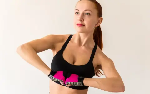 Kobieta w sportowym topie i rękawiczkach wykonuje ćwiczenia na biust, napinając mięśnie klatki piersiowej.