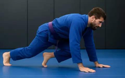 Mężczyzna w niebieskim kimonie z fioletowym pasem wykonuje ćwiczenie przygotowujące do treningu BJJ.
