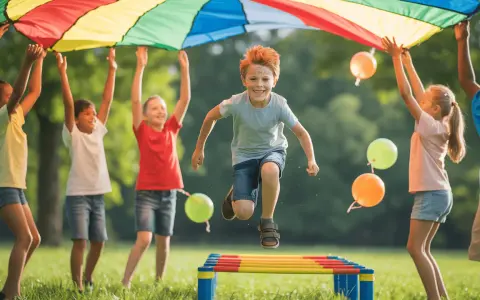 Radosne zabawy animacyjne dla dzieci przykłady: dzieci skaczą przez przeszkody pod kolorowym spadochronem, unosząc balony.