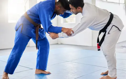 Dwóch mężczyzn w kimonach do BJJ, jeden w niebieskim z brązowym pasem, drugi w białym z czarnym pasem, przygotowuje się do walki.