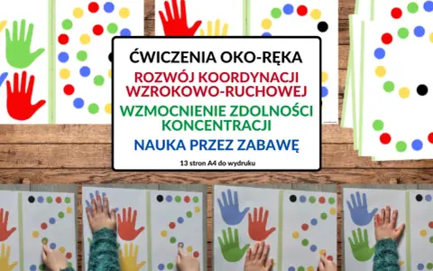 Kolorowe dłonie i kropki na kartach do druku zachęcają do zabaw rytmicznych dla dzieci. Ćwiczenia rozwijają koordynację oko-ręka i koncentrację.