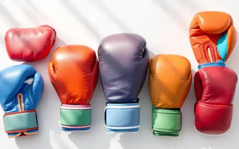 Kolorowe rękawice do kickboxingu ułożone obok siebie. Różowy, niebieski, pomarańczowy, fioletowy, żółty i czerwony sprzęt treningowy.