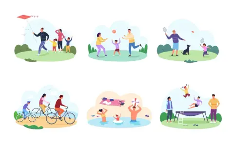 Różnorodne zabawy dla dzieci 9-12 lat na dworze: puszczanie latawca, gra w piłkę, badminton, jazda na rowerze, kąpiel i skakanie na trampolinie.